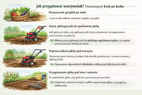 Glebogryzarka spulchnia i przygotowuje glebę pod wiosenne nasadzenia, poprawia jej jakość, mieszając nawozy, co ułatwia sadzenie i przyspiesza kiełkowanie.
