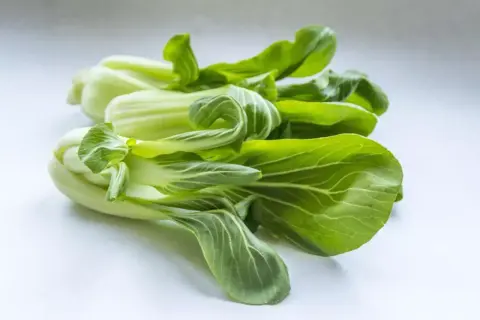 Pęczek świeżego pak choi, gotowy do posadzenia z nasion. Zielone liście i białe łodygi tworzą apetyczny widok.