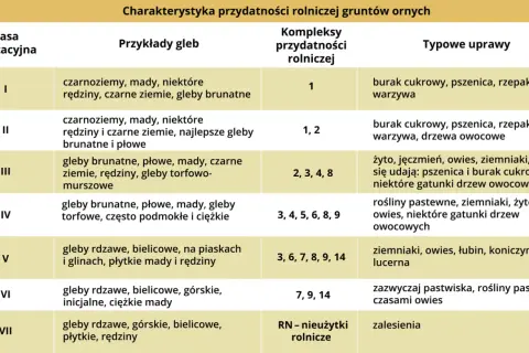 Tabela klasyfikacji gruntów ornych: klasa IV obejmuje gleby brunatne, płowe, mady, torfowe, podmokłe i ciężkie, nadające się pod uprawy pastewne, ziemniaki, żyto, owies i drzewa owocowe.