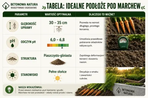 Tabela idealnego podłoża pod marchew: głębokość 30-35 cm, pH 6,0-6,8, struktura piaszczysto-gliniasta, pełne słońce.