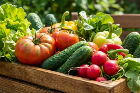 Skrzynka pełna najzdrowszych warzyw w Polsce: pomidory, ogórki, papryka, rzodkiewka i sałata, świeżo po deszczu.