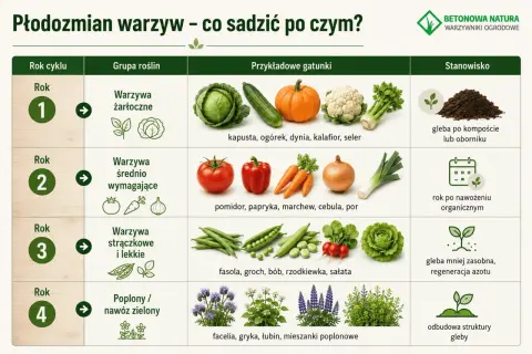 Plan płodozmianu warzyw: rok 1 - żarłoczne (kapusta, dynia), rok 2 - średnio wymagające (pomidor, marchew), rok 3 - strączkowe (fasola, groch), rok 4 - poplony.