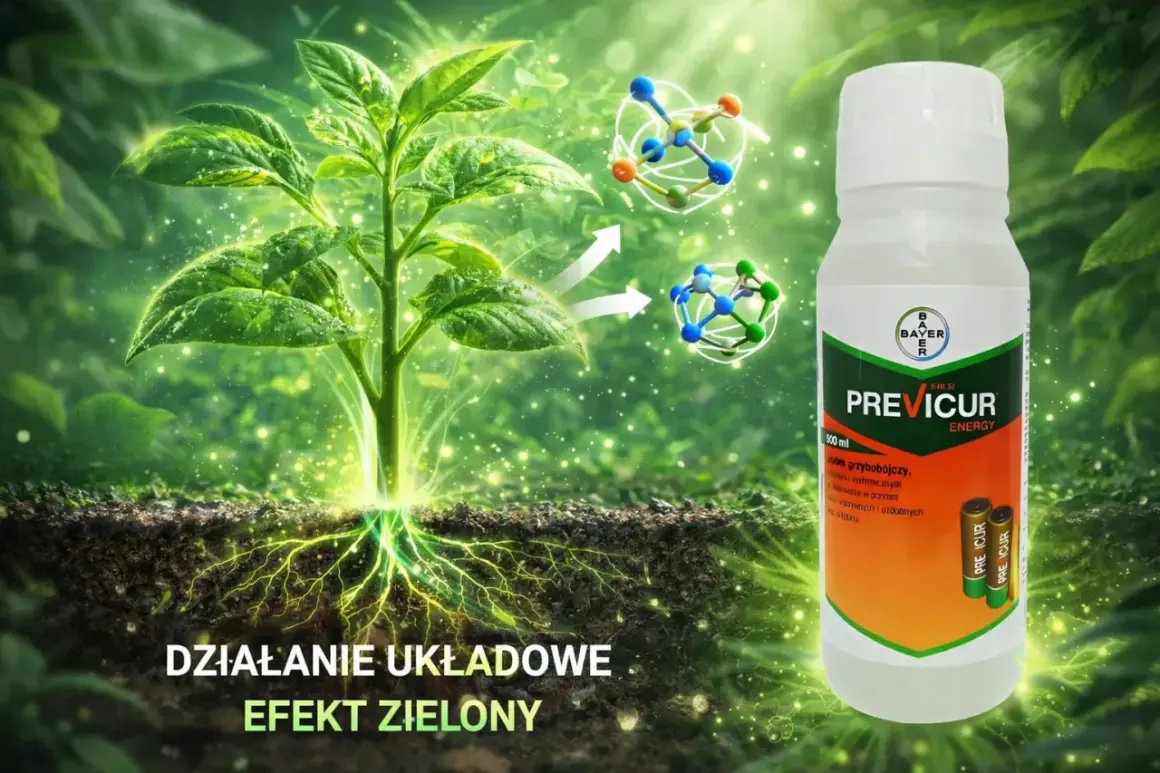 Zdrowa roślina z silnym systemem korzeniowym, obok butelka previcur oprysk. Działanie układowe dla efektu zielonego.
